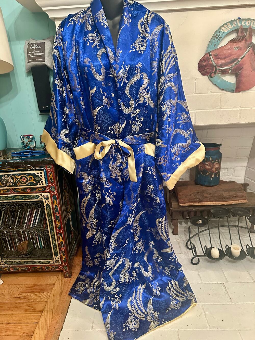 FULLY REVERSIBLE BLUE GOLD METALLIC DRAGON & PHOENIX (LONGFENG) CHINESE ROBE
